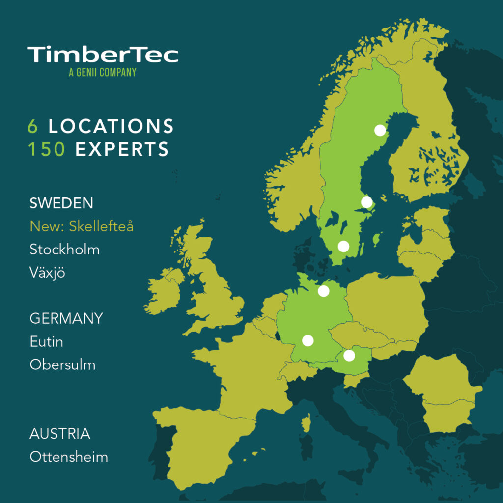 TimberTec Standorte und TimberTec Kundenstandorte auf einer Europakarte. TimberTec ist jetzt mit 6 Standorten und über 150 Experten für unsere Kunden in der Holzindustrie da.