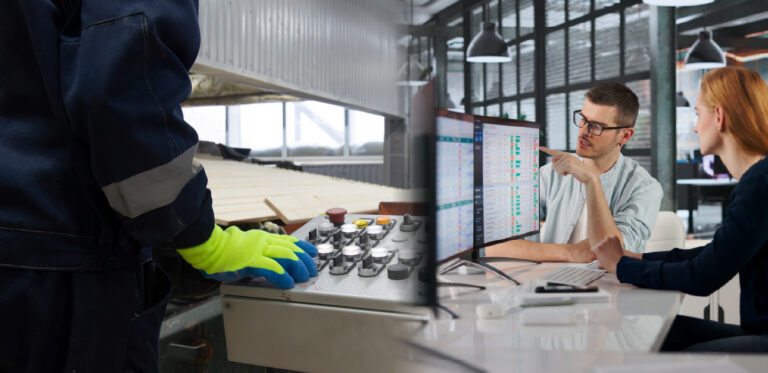 Planification des capacités commerciales avec TiCom ERP. À gauche sur la photo : la production dans une entreprise de transformation du bois ; à droite : des employées de bureau consultant les taux d'utilisation des capacités sur leur ordinateur.