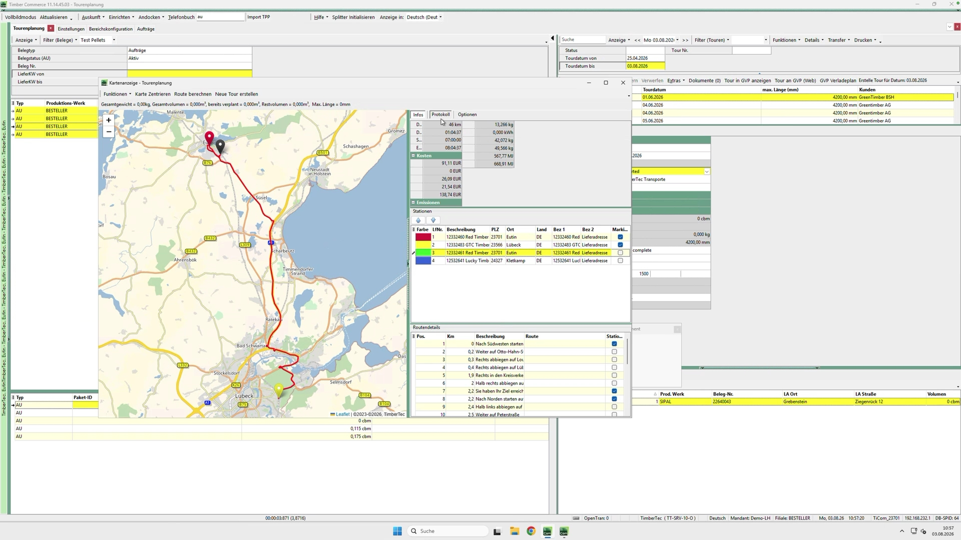 Displaying a route with PTV in TiCom ERP.